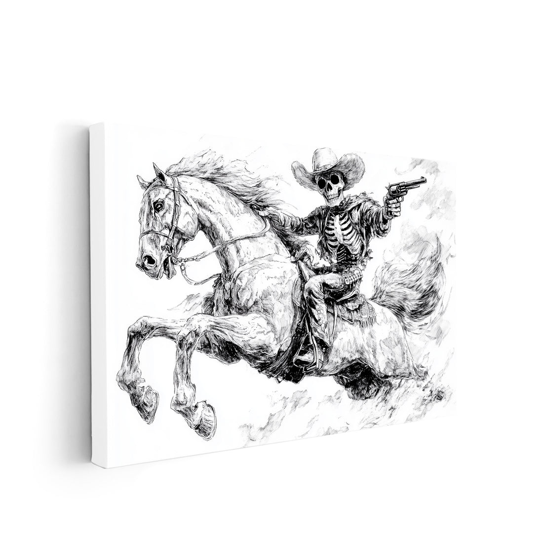 Add a spooky element to your living room, bedside, or sofa backdrop with this Western Skeleton Cowboy Canvas Wall Art. Featuring a detailed black and white horse rider drawing, this piece will catch the eye of any art lover. Its unique design adds character to any home decor.