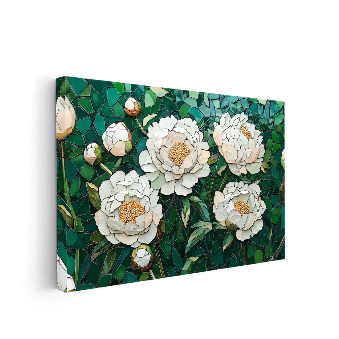 Enhance your living space with our Mosaic Wall Art Canvas Print featuring stunning white peony flowers against a green background. The perfect addition to any living room, sofa backdrop, or bedside for a touch of natural beauty. Bring your home decor to life with this elegant and versatile piece.