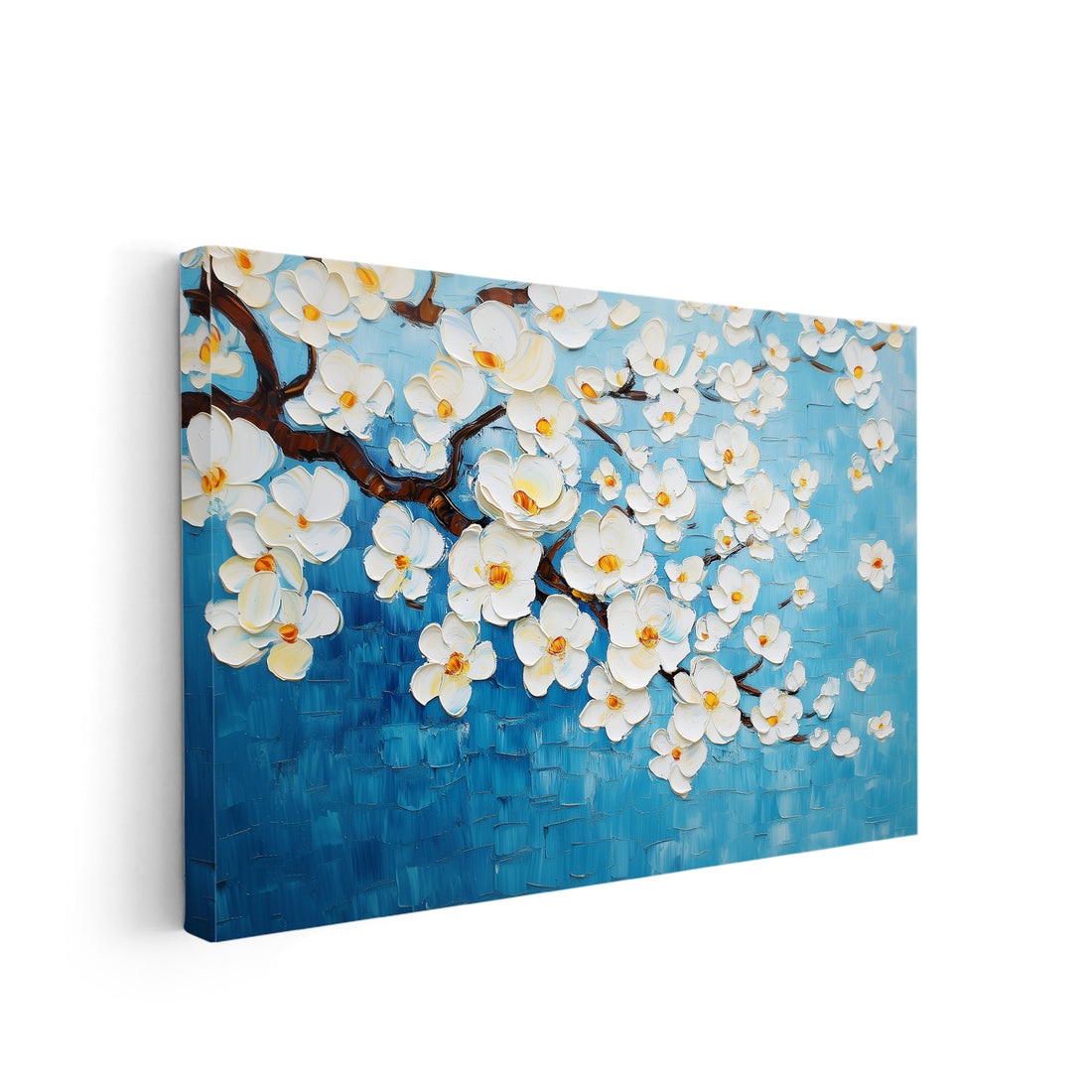 This White Cherry Blossom Canvas Wall Art features a stunning and intricate 3D textured floral painting on a calming blue background. Perfect for decorating your living room, sofa backdrop, or bedside, this piece will add a touch of elegance and beauty to your home decor.