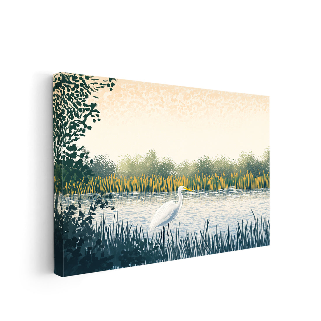 Enhance any living space with this stunning White Egret Lake Scene Canvas Wall Art. Featuring a serene nature landscape print, this piece will bring a calming and peaceful atmosphere to any room. Perfect for living rooms, sofa backdrops, bedside decoration, and overall home decor.