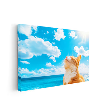 Cat Beach Canvas Wall Art, Ocean Scenery with Orange Tabby Cat - For Living Room, Sofa Backdrop, Bedside Decoration, Home Decor