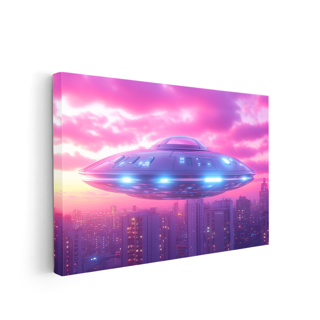 Take your home decor to new heights with our Sci-Fi UFO Cityscape Canvas Wall Art. The modern neon artwork adds a futuristic touch to any living room, sofa backdrop, or bedside decoration. Expertly crafted with high-quality materials, this wall art will elevate your space to a whole new level of style and sophistication.