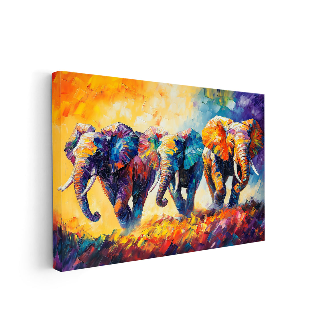 Colorful Elephant Herd Canvas Wall Art, Modern African Safari Animals Painting