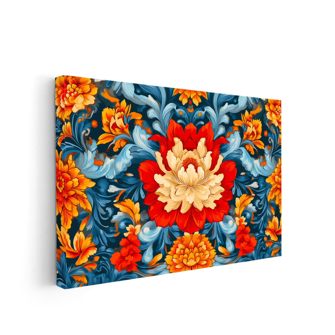 Enhance the ambiance of any room with our Vibrant Floral Canvas Wall Art. The striking orange and red flowers, accented by blue leaves, add a pop of color to your living room, sofa backdrop, or bedside. Bring life to your home decor with this beautiful and eye-catching piece.