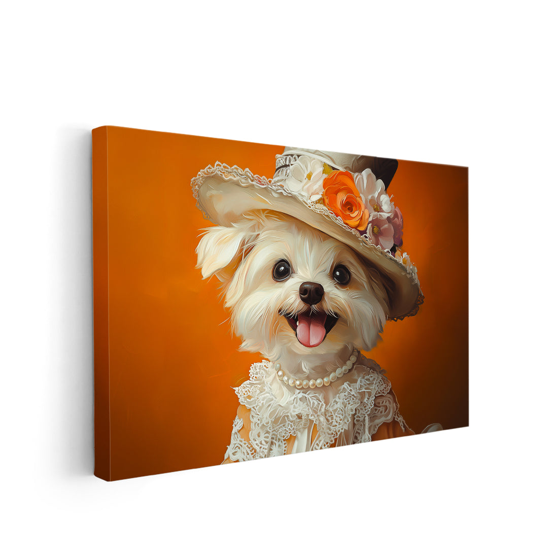 Decorate your living room, sofa backdrop, or bedside with this elegant dog canvas wall art featuring a white Maltese in a vintage hat and lace. Add a touch of sophistication to your home decor with this beautiful piece.