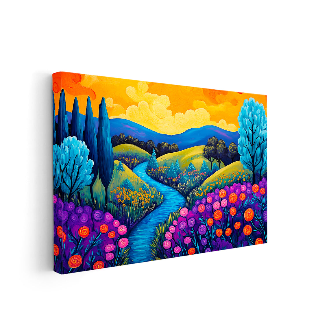 Experience the vibrant beauty of the outdoors with our Colorful Landscape Canvas Wall Art. This stunning piece features a lush river valley adorned with wildflowers, bringing a touch of nature into any living space. Perfect for a living room, sofa backdrop, bedside decoration, or home decor.