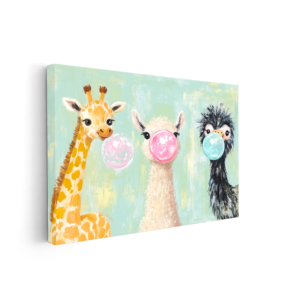 This Nursery Wall Art Canvas features a playful print of Giraffe, Llama, and Emu blowing bubbles made of bubble gum. Perfect for decorating your living room, sofa backdrop, or bedside, it adds a touch of whimsy to any space. Made with high-quality materials, it will bring a charming and unique touch to your home decor.