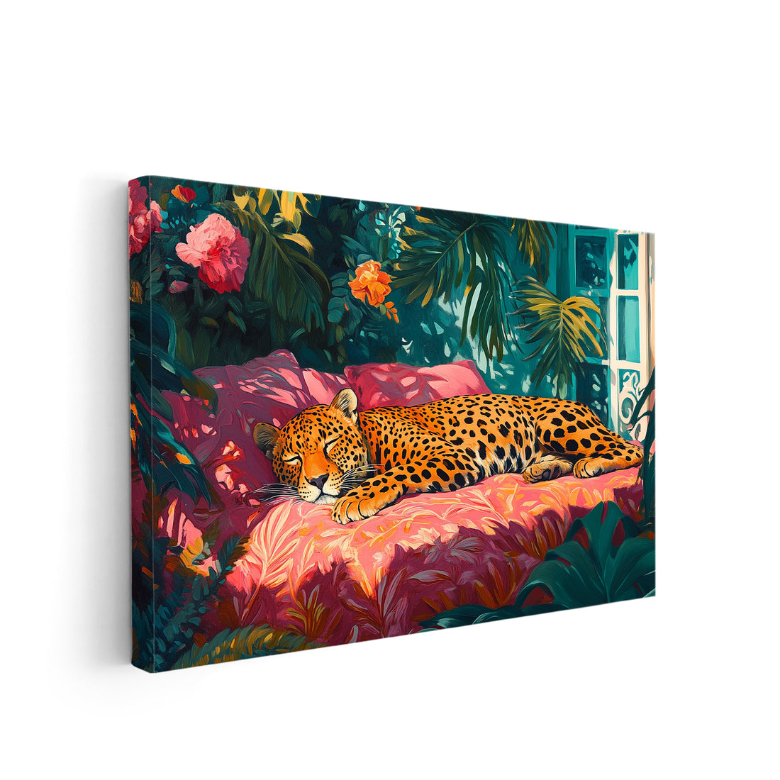 Enhance your living spaces with our Tropical Leopard Canvas Wall Art featuring a stunning jungle floral print. Perfect for adding a touch of nature to your living room, sofa backdrop, or bedside, this high-quality piece will elevate your home decor. Expertly printed on canvas for long-lasting beauty.