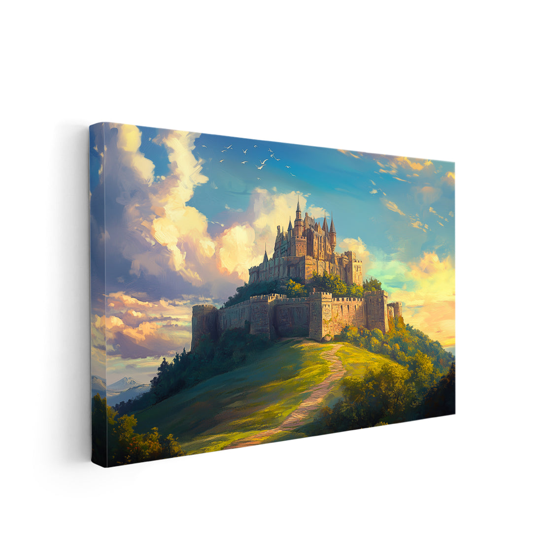 Enhance the ambience of your living room, sofa backdrop, or bedside with this stunning Fantasy Castle Wall Art Canvas Print showcasing a mesmerizing Sunset Mountain Landscape. Handcrafted by experts, this canvas print adds a touch of fantasy to any room while elevating your home decor.