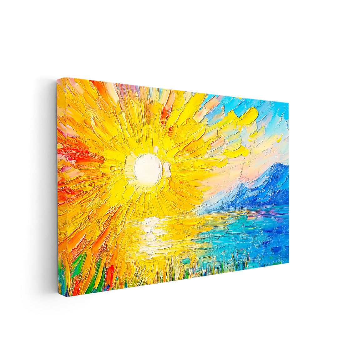 Expertly painted with vibrant shades of yellow and blue, this canvas wall art is sure to add a touch of color and life to any living room, sofa backdrop, or bedside. Transform your home decor with this beautiful landscape painting that captures the essence of a breathtaking sunset.