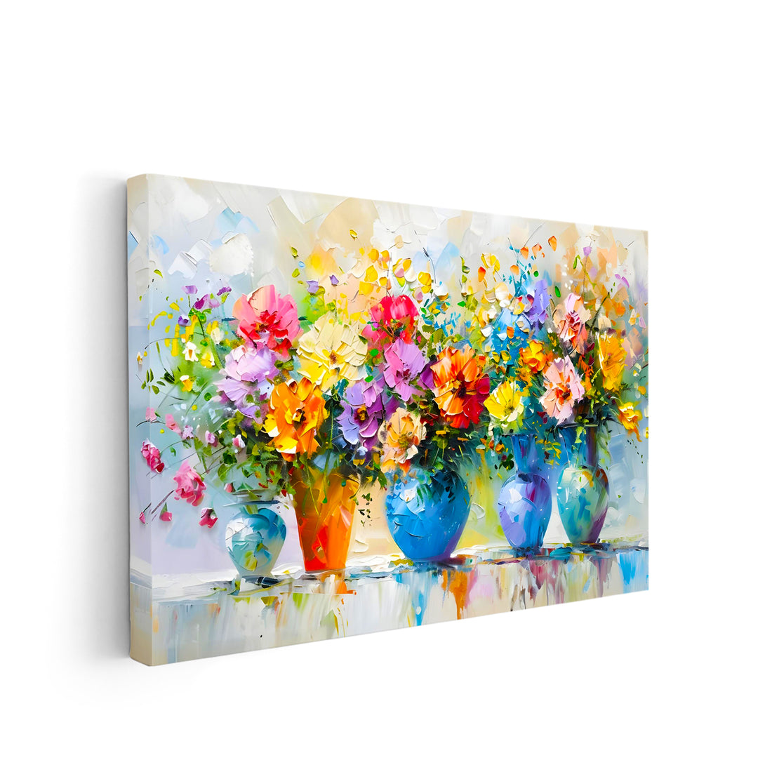 Add a touch of elegance to your home with this Colorful Floral Still Life Canvas Wall Art. This modern painting features vibrant colors and beautifully arranged flower vases, making it the perfect decoration for your living room, sofa backdrop, or bedside. Elevate your home decor with this stunning piece of art.