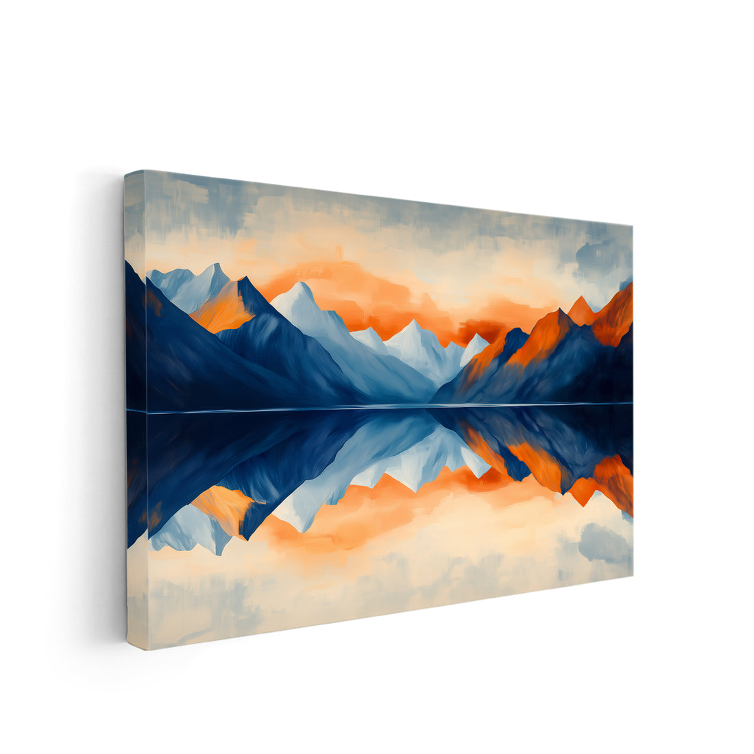 Elevate your living space with our Mountain Lake Reflection Canvas Wall Art. Immerse yourself in a stunning blue and orange sunset landscape captured in a modern nature print. Perfect for your living room, sofa backdrop, bedside, or home decor, this piece will add a touch of sophistication and serenity to any room.