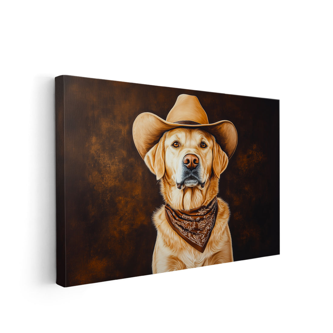 Add some western charm to your home with this hand-painted canvas wall art featuring a lovable Labrador wearing a cowboy hat and bandana. Perfect for any living room, bedroom, or sofa backdrop, this unique piece will bring a touch of whimsy and personality to your decor.