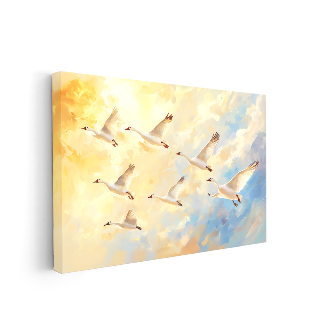 This canvas wall art features a stunning depiction of a flock of flying geese against a golden sky, adding a touch of elegance to any living room, sofa backdrop, or bedside. Made with high-quality materials, this piece makes for a beautiful and sophisticated home decor accessory.