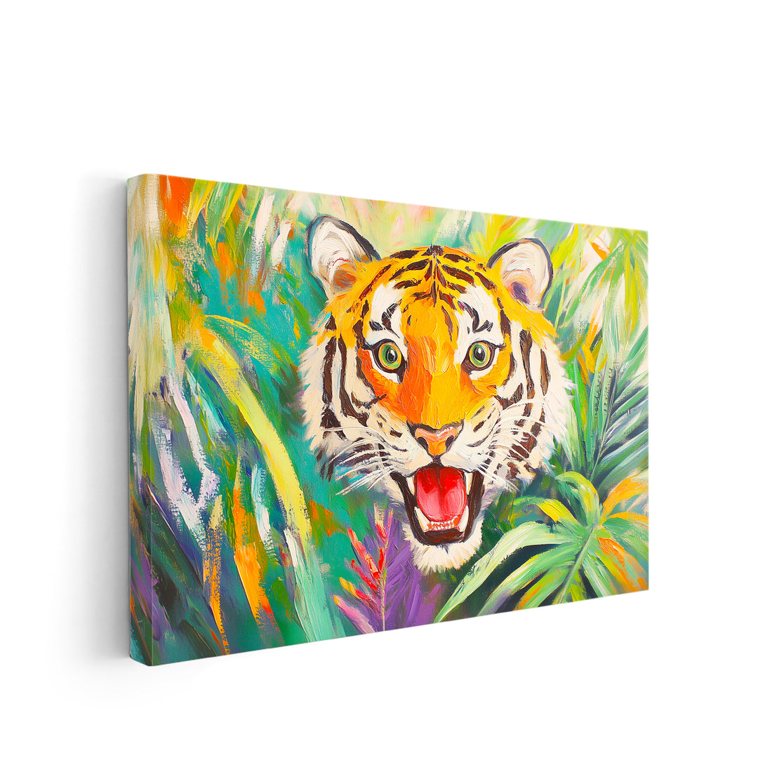 Transform your living room, sofa backdrop, or bedside into a wild jungle with our colorful tiger canvas wall art. Expertly painted with a vibrant jungle theme, this piece will add a touch of exotic beauty to your home decor. Made with high-quality materials, it is sure to be a conversation starter for any room.