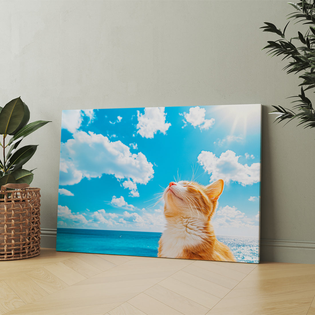 Cat Beach Canvas Wall Art, Ocean Scenery with Orange Tabby Cat - For Living Room, Sofa Backdrop, Bedside Decoration, Home Decor