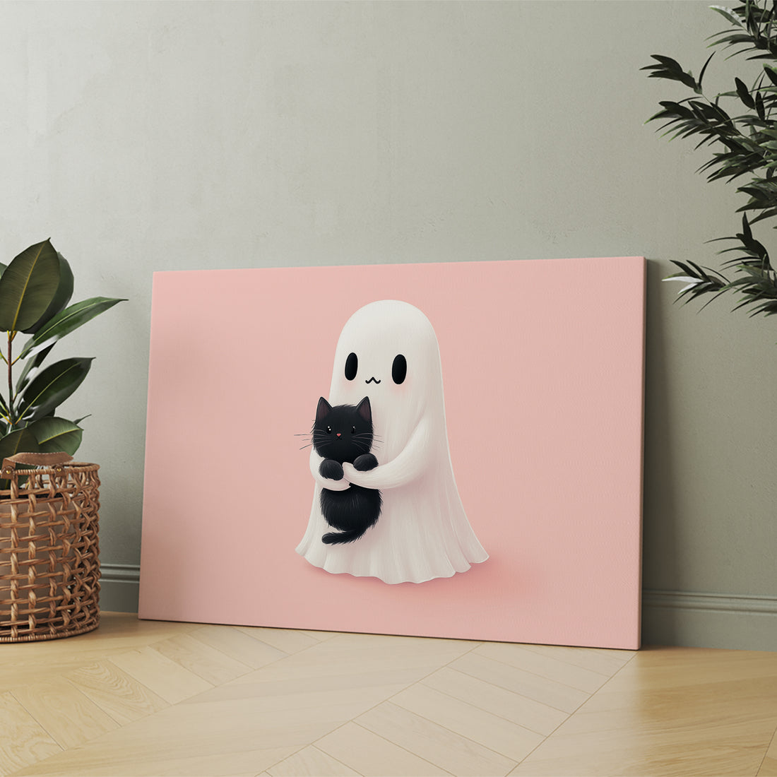Cute Ghost and Black Cat Wall Art, Pink Background Canvas Print - For Living Room, Sofa Backdrop, Bedside Decoration, Home Decor