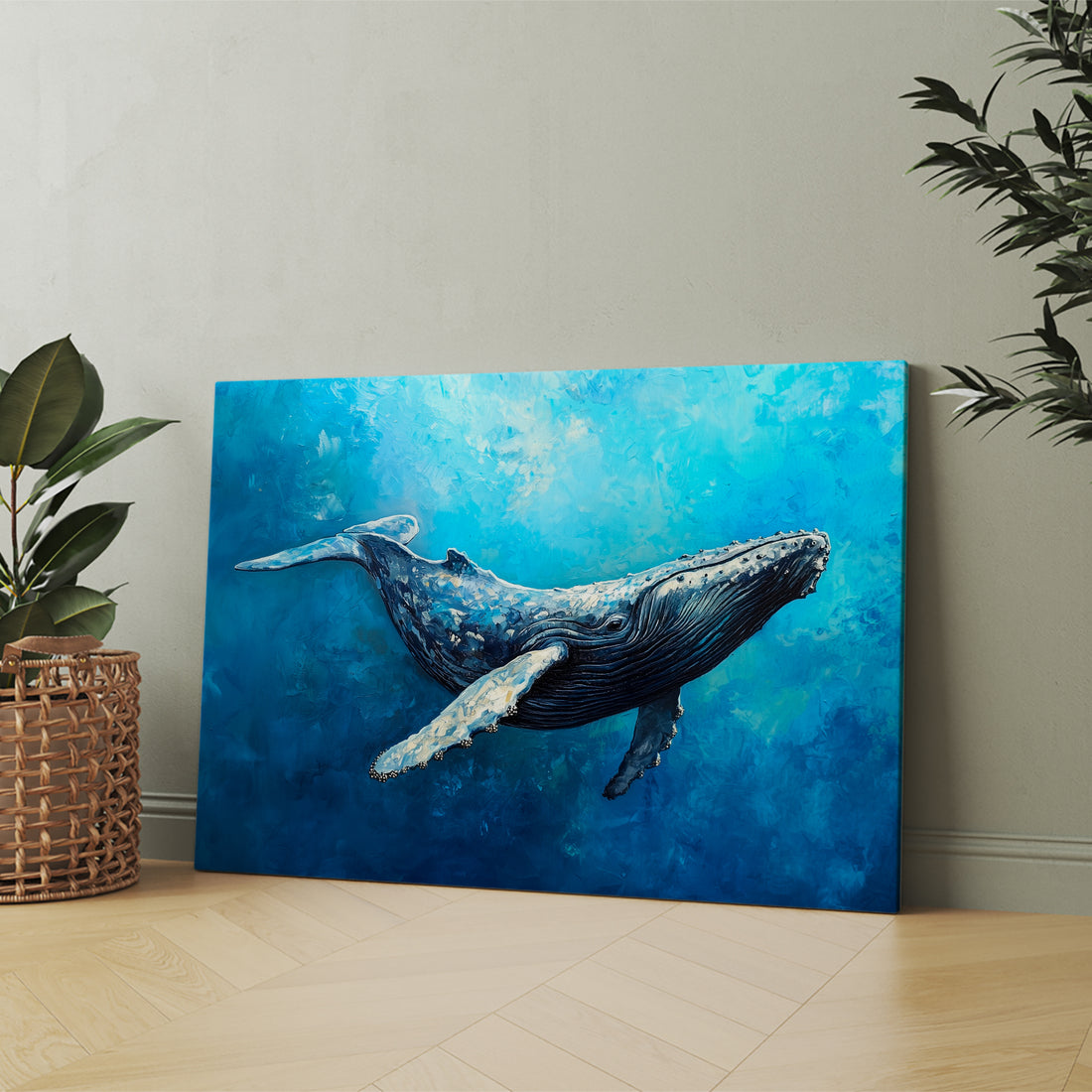 Dive into the majesty of ocean life with this striking humpback whale canvas art. Rendered in rich ocean blues and aquatic tones, this underwater marine painting captures the grace and power of these magnificent creatures in their natural habitat. Perfect for creating a serene focal point in your living room, above your sofa, or beside your bed, this piece brings coastal tranquility and sophisticated elegance to any space.
