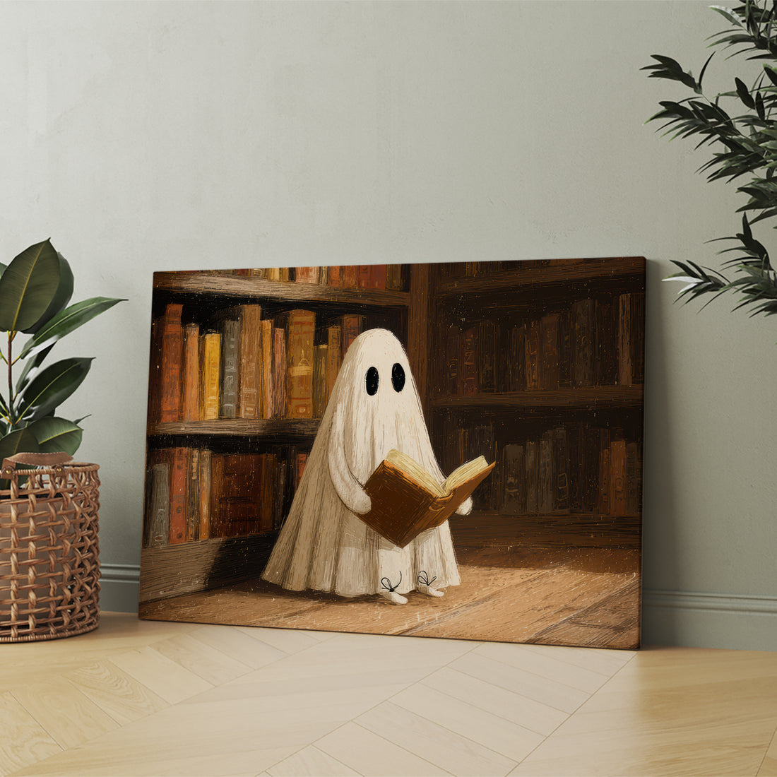 Elevate your living space with the Ghost Reading Book Art Canvas, featuring a captivating library scene that blends mystery and elegance. Perfect as a sofa backdrop or bedside decoration, this canvas adds depth and character to any room. Crafted for durability and visual impact, it enhances your home decor with a sophisticated literary ambiance.