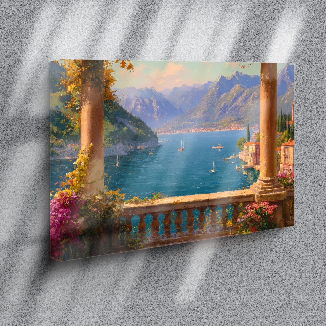 Transport your space to the sun-drenched shores of the Mediterranean with this stunning canvas wall art. Featuring a serene terrace overlooking azure waters dotted with graceful sailboats, this piece captures the essence of coastal tranquility. 