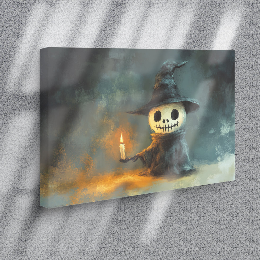 Upgrade your festive home decor with this Halloween Wall Art Canvas! Featuring a spooky skeleton adorned with a witch hat and candle, this piece adds a touch of creepy charm to any living room, sofa backdrop, or bedside. Made with high-quality canvas, this durable and unique decoration is sure to impress.