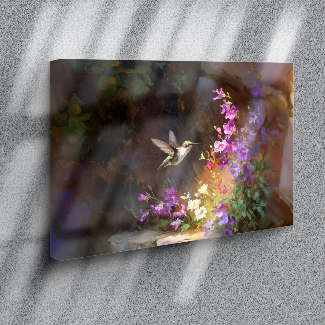 Capture the delicate beauty of nature with this stunning hummingbird canvas art. Featuring a vibrant hummingbird suspended among purple blooms against a rich, dark background, this piece brings sophisticated elegance to any room.