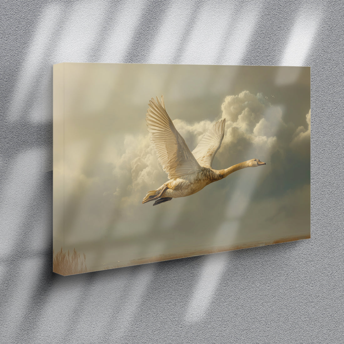 Capture the elegance of nature with this striking canvas wall art featuring a graceful flying swan set against a dramatic, moody sky. The dynamic composition draws the eye upward, creating visual interest and depth that transforms any room. Perfect for living rooms, bedrooms, or spaces above sofas, this piece brings sophistication and tranquility to your home decor