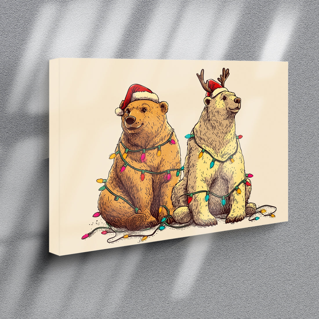 Bring festive warmth to any room with this charming Christmas canvas art print featuring adorable bears adorned in Santa hats, surrounded by twinkling string lights.