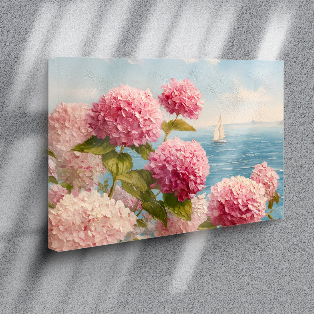 Transform your space with this stunning coastal canvas art that seamlessly blends botanical elegance with maritime charm. Featuring soft pink hydrangeas set against a serene ocean seascape complete with a graceful sailboat, this piece captures the tranquility of seaside living. The carefully balanced composition brings together nature's delicate florals and the open water's peaceful expanse, making it an ideal focal point for living rooms, bedrooms, or above sofas.