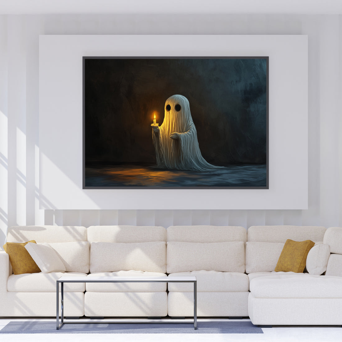 Add some spooky, yet elegant decor to your home this Halloween with our Ghost Canvas Wall Art. Featuring a dark and gothic design with a candle, this piece is perfect for adding a touch of the season to your living room, sofa backdrop, or bedside. Elevate your home decor with this hauntingly beautiful art.