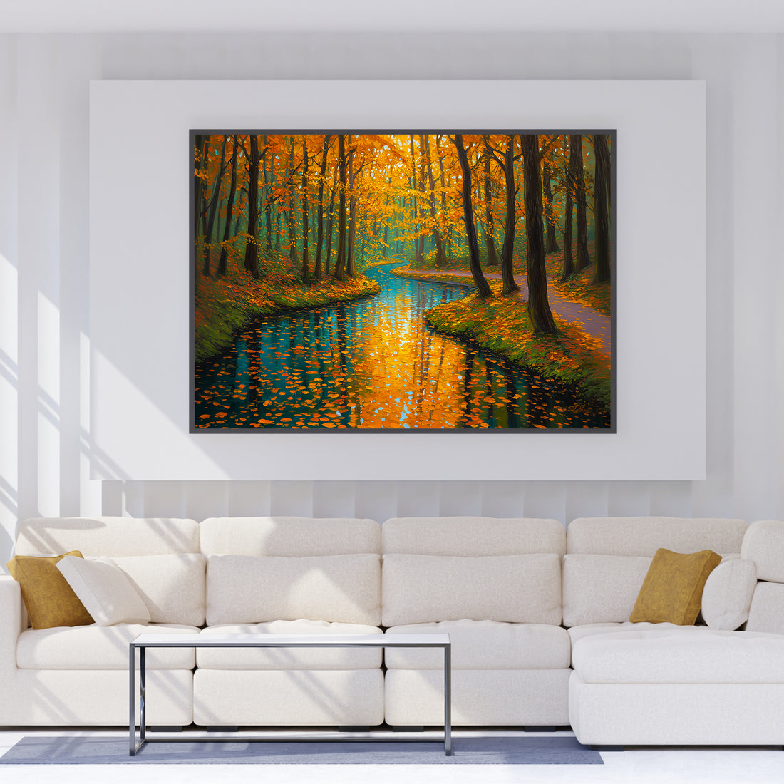 Capture the serene beauty of nature with this stunning canvas wall art featuring a tranquil forest stream framed by autumn foliage. The rich orange and cool blue palette creates a sophisticated color contrast that draws the eye and complements contemporary and traditional interiors alike.