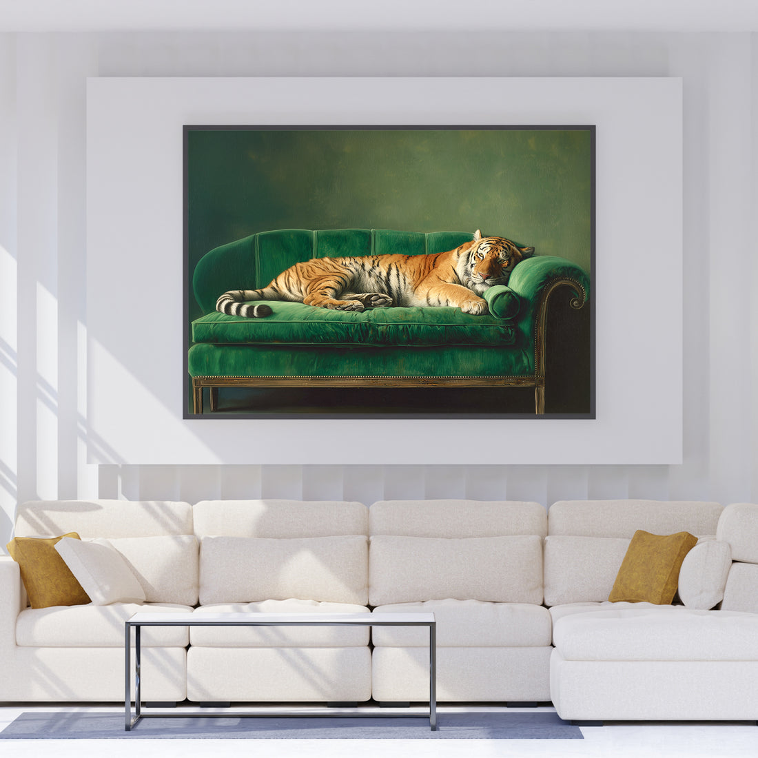 Capture the essence of untamed beauty with this striking canvas wall art featuring a majestic tiger in peaceful slumber against a luxurious green velvet sofa backdrop. This modern wildlife photography print seamlessly blends nature's raw elegance with contemporary interior design, making it an ideal focal point for living rooms, bedrooms, or any space craving sophisticated visual interest.