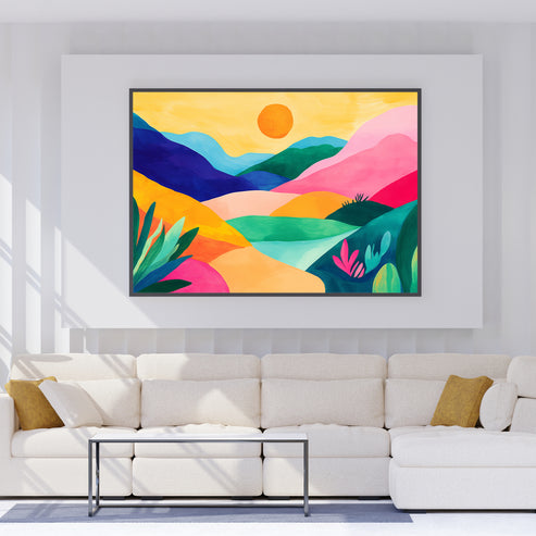 Modern colorful abstract mountain landscape canvas wall art with sun for living room decor