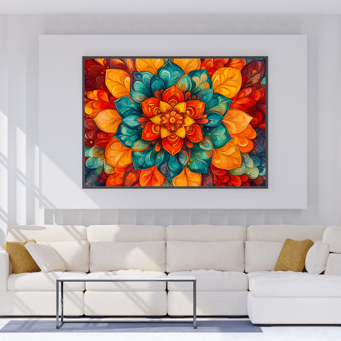 Modern abstract floral mandala canvas wall art in vibrant turquoise and orange for a living room