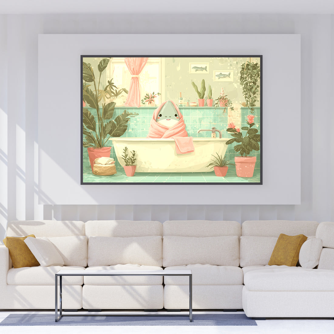 Bring whimsy to your space with this charming bathroom art print featuring an adorable kawaii shark lounging in a bathtub.