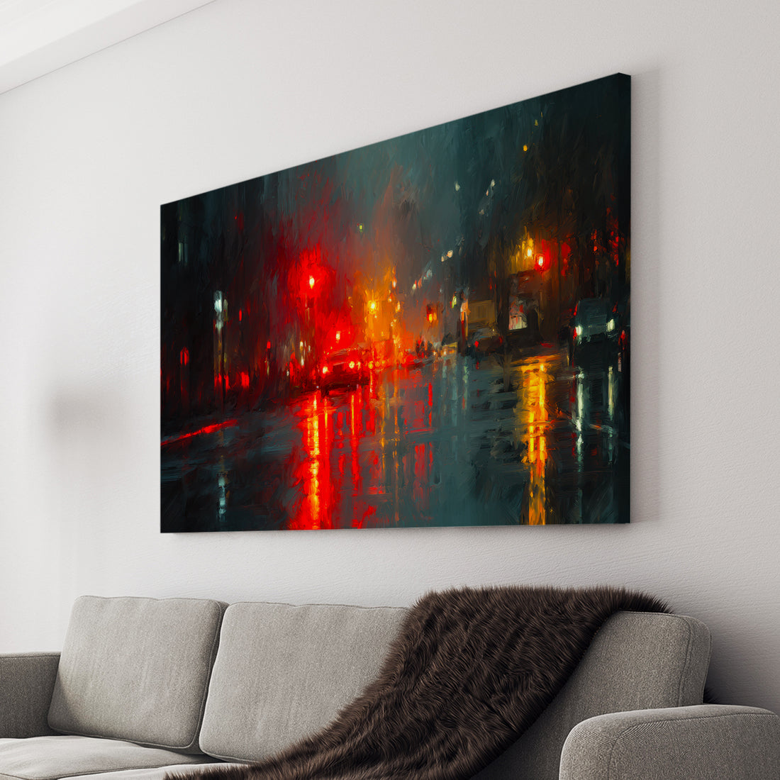 Transform your space with this striking urban night scene canvas art. Featuring a moody rainy street bathed in atmospheric red lights, this piece captures the essence of contemporary city life with sophisticated detail and mood. The dramatic interplay of wet pavement reflections and neon-tinted shadows creates visual depth that draws the eye inward. Perfect for living rooms, bedside walls, or above sofas, this canvas adds an edgy yet refined aesthetic to modern interiors.