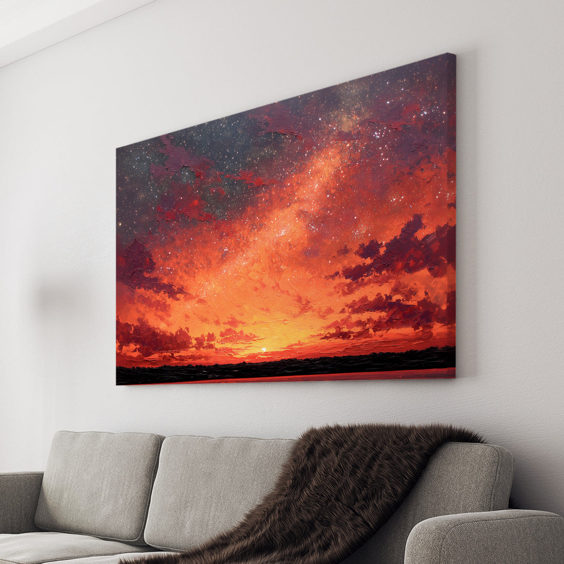 Transform your space with this captivating canvas wall art featuring a mesmerizing blend of warm orange and red hues against a starry night sky. The dynamic landscape composition creates visual depth and movement, making it an ideal focal point for living rooms, bedrooms, or above sofas. This professionally rendered sunset scene brings warmth and sophistication to any interior, while the celestial elements add an artistic, contemplative quality.