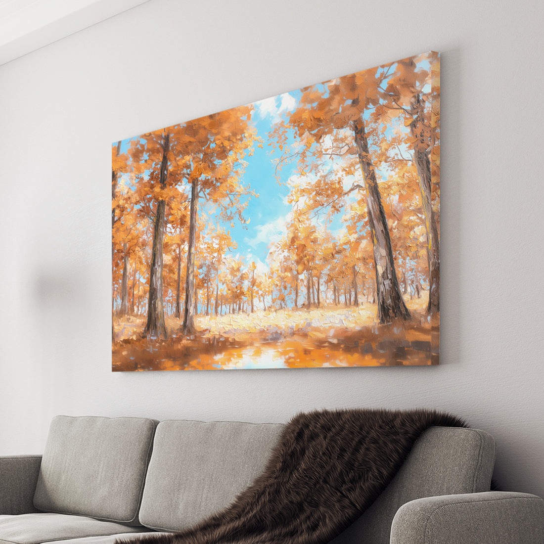 Capture the warmth of fall with this stunning canvas wall art featuring a vibrant autumn forest landscape. Rich orange and golden tones depict majestic trees in their seasonal splendor, creating a sophisticated nature scene that brings the outdoors into your home. Perfect for living rooms, bedrooms, or above sofas, this piece adds depth and visual interest to any space. The expertly rendered forest composition evokes tranquility and natural beauty, making it an ideal choice for those seeking to enhance thei