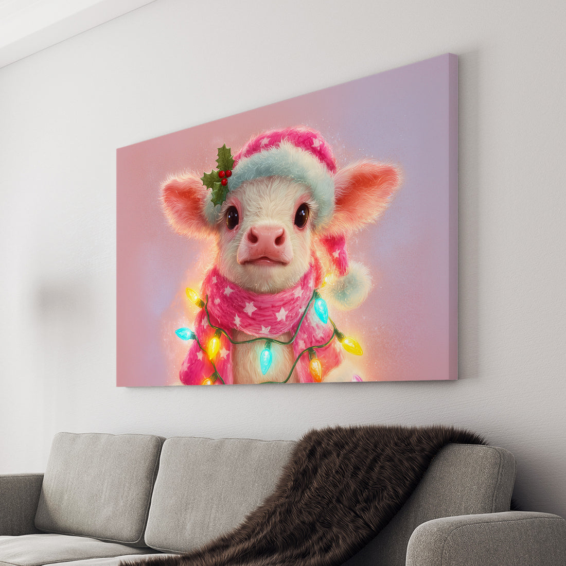 Bring festive charm to any room with this whimsical Christmas Cow Canvas Wall Art. Featuring a playful cow adorned with vibrant pink tones and holly berry accents, this piece combines holiday spirit with contemporary style