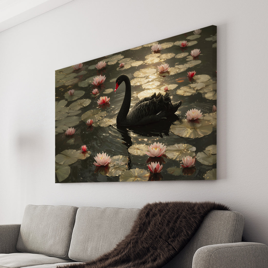 Transform your living space with this striking canvas wall art featuring an elegant black swan gliding among delicate pink lotus flowers. This nature photography print captures serene water lily landscapes with sophisticated detail, making it an ideal focal point for living rooms, bedroom walls, or above sofas. 