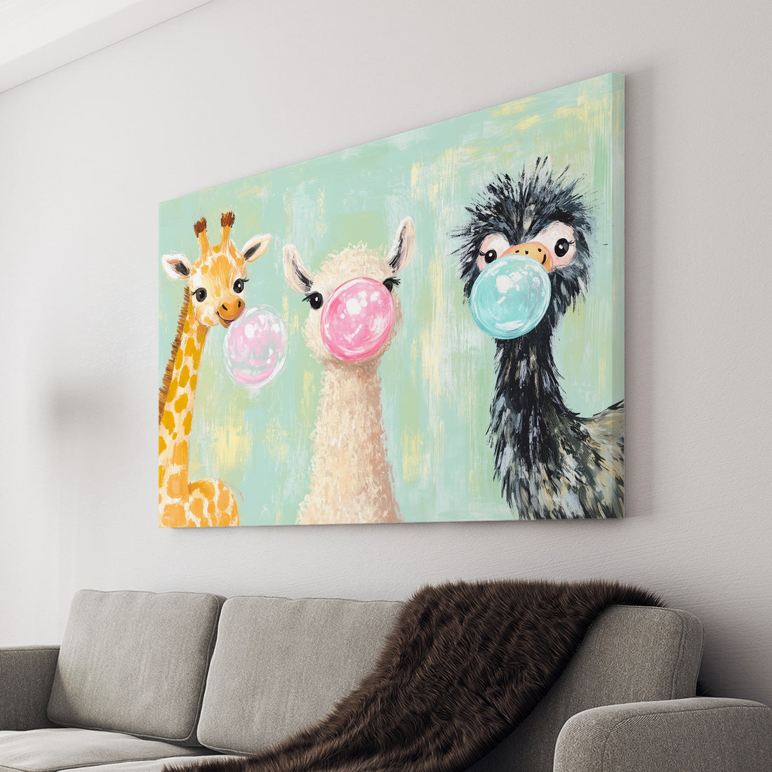 This Nursery Wall Art Canvas features a playful print of Giraffe, Llama, and Emu blowing bubbles made of bubble gum. Perfect for decorating your living room, sofa backdrop, or bedside, it adds a touch of whimsy to any space. Made with high-quality materials, it will bring a charming and unique touch to your home decor.