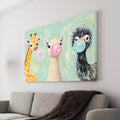 This Nursery Wall Art Canvas features a playful print of Giraffe, Llama, and Emu blowing bubbles made of bubble gum. Perfect for decorating your living room, sofa backdrop, or bedside, it adds a touch of whimsy to any space. Made with high-quality materials, it will bring a charming and unique touch to your home decor.