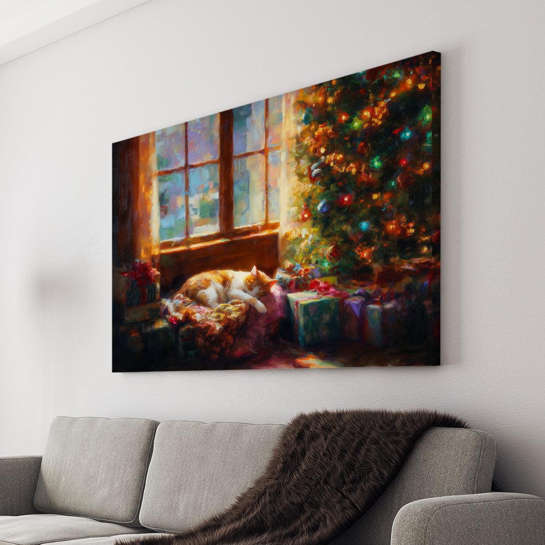 Transform your space into a winter wonderland with this enchanting Christmas Scene Canvas Wall Art. Featuring a beautifully decorated holiday tree paired with a peaceful sleeping cat, this piece captures the cozy essence of festive season comfort. The serene composition makes it an ideal focal point for living rooms, above sofas, or beside bedroom spaces. 