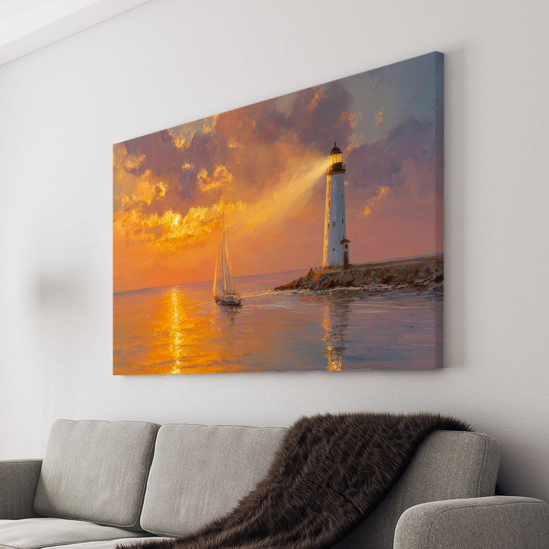 Enhance your living space with this Coastal Lighthouse Sunset Canvas Wall Art, featuring a serene sailboat gliding across the ocean at sunset. Perfect as a living room centerpiece, sofa backdrop, or bedside decoration, this artwork brings a calming coastal ambiance to your home. Crafted with attention to detail, it captures the tranquil beauty of the sea, making it an ideal choice for those seeking sophisticated and peaceful home decor.