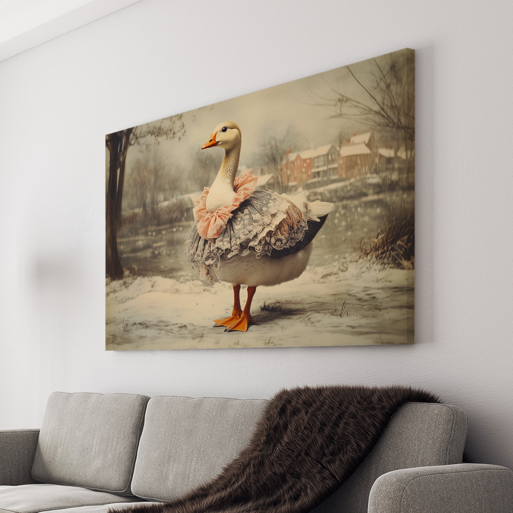 Add a touch of whimsy to your living room with this beautiful canvas wall art featuring a winter scene with a delicate lace tutu. Perfect as a backdrop for your sofa or bedside, this piece will elevate your home decor with its unique charm. Bring some whimsy into your home today.