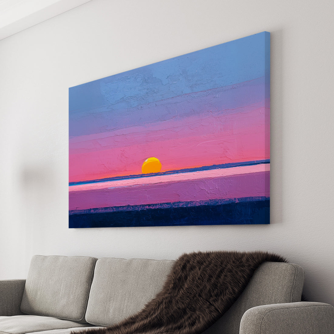 Transform your space with this striking modern abstract canvas that captures the serene beauty of a coastal sunset. Rendered in captivating shades of purple, pink, and blue, the composition evokes the tranquil meeting of ocean and sky. 