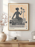 Lady Justice wall art with scales and blind justice text