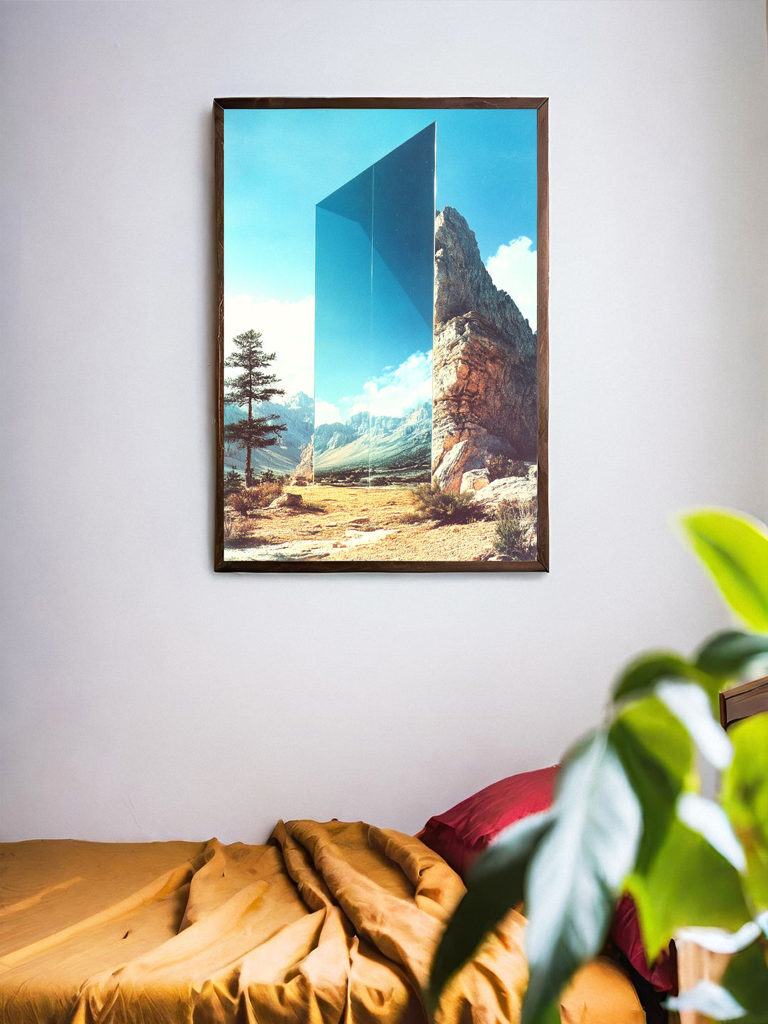 This canvas poster wall art features a large glass panel in the middle of a mountain landscape. Perfect for living room, sofa backdrop, and bedside decoration, adding a touch of elegance to any home decor. Frame not included. Expertly crafted for a professional and polished look.