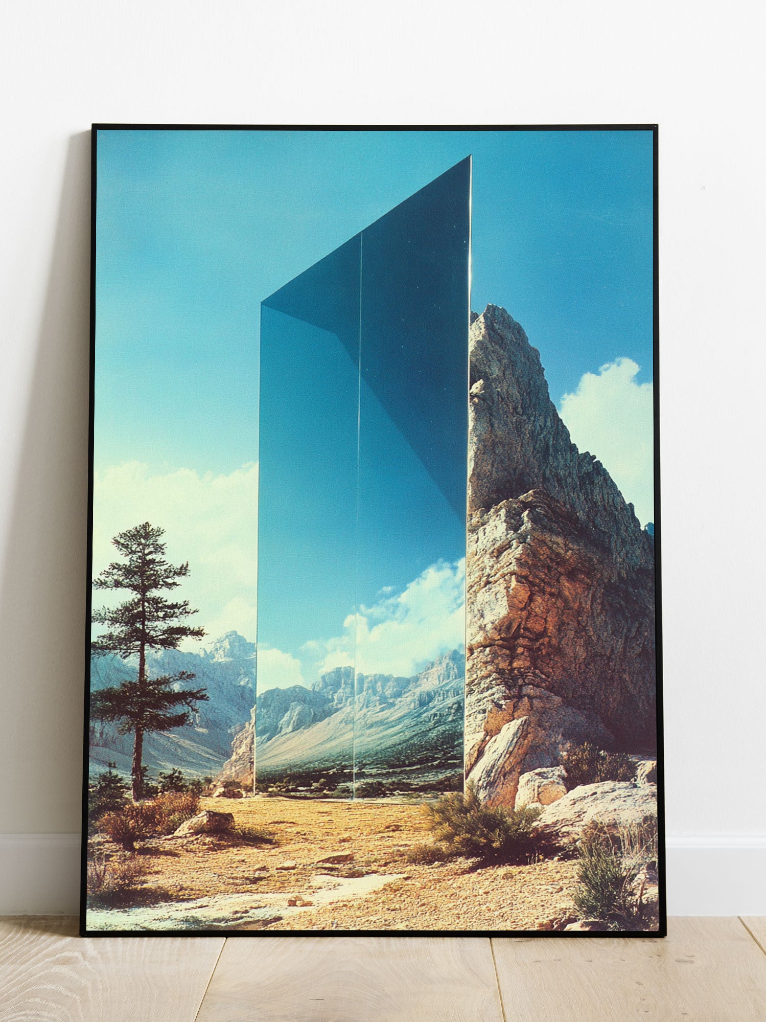 This canvas poster wall art features a large glass panel in the middle of a mountain landscape. Perfect for living room, sofa backdrop, and bedside decoration, adding a touch of elegance to any home decor. Frame not included. Expertly crafted for a professional and polished look.