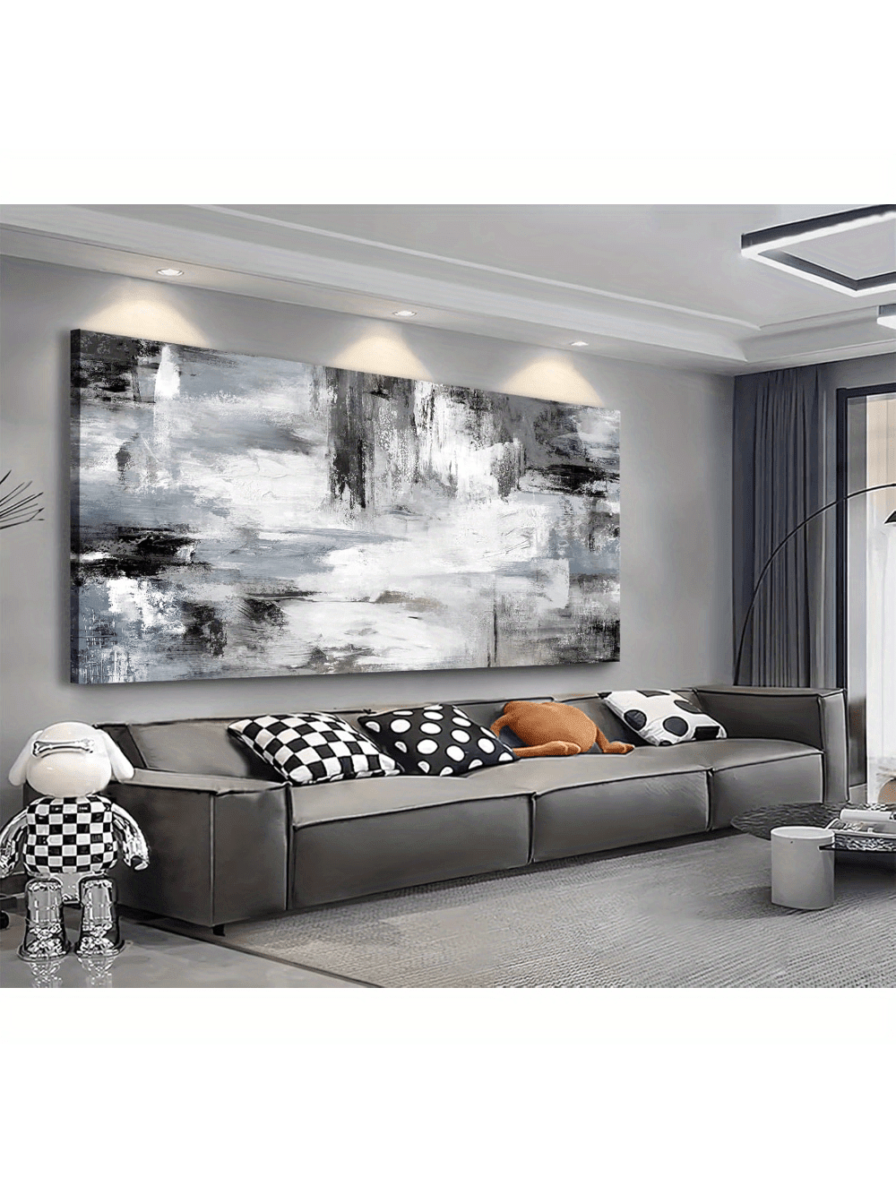 Elevate your space with this large gray and white abstract canvas wall art, expertly framed to complement modern interiors. Its subtle monochrome palette adds sophistication and depth, making it an ideal centerpiece for living rooms, bedrooms, or offices. Crafted to enhance elegance without overwhelming, this artwork seamlessly integrates with various decor styles, providing a refined visual impact that enriches
